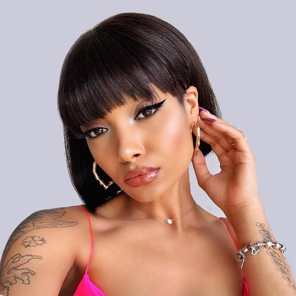 Straight Bob Wig With Bangs | Brazilian Human Hair | For Black Women
