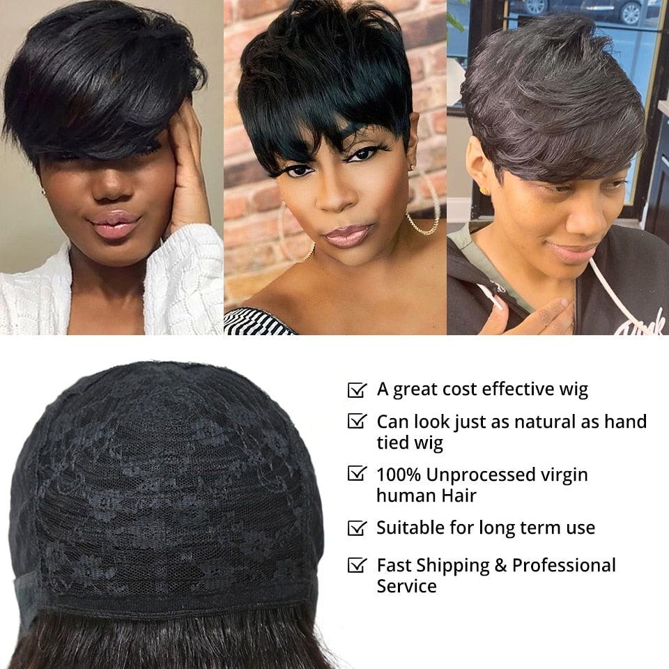 Natural Pixie Cut Bob Wig With Bangs | Brazilian Virgin Hair