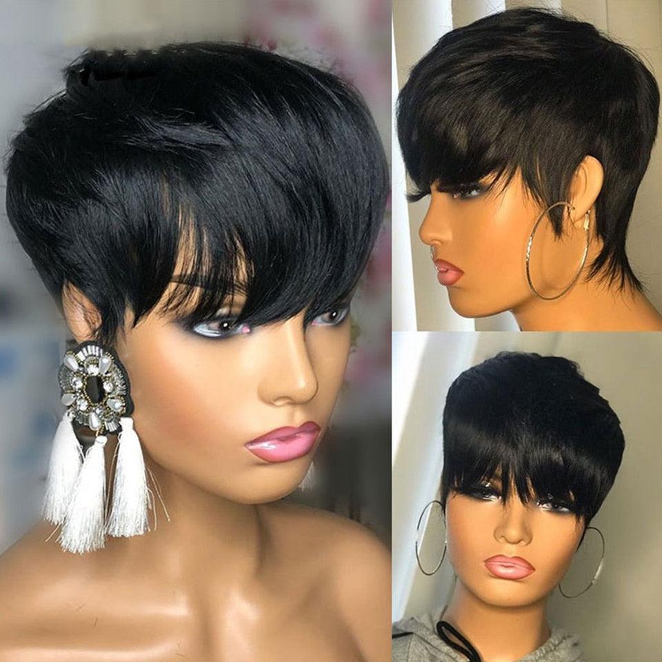 Natural Pixie Cut Bob Wig With Bangs | Brazilian Virgin Hair