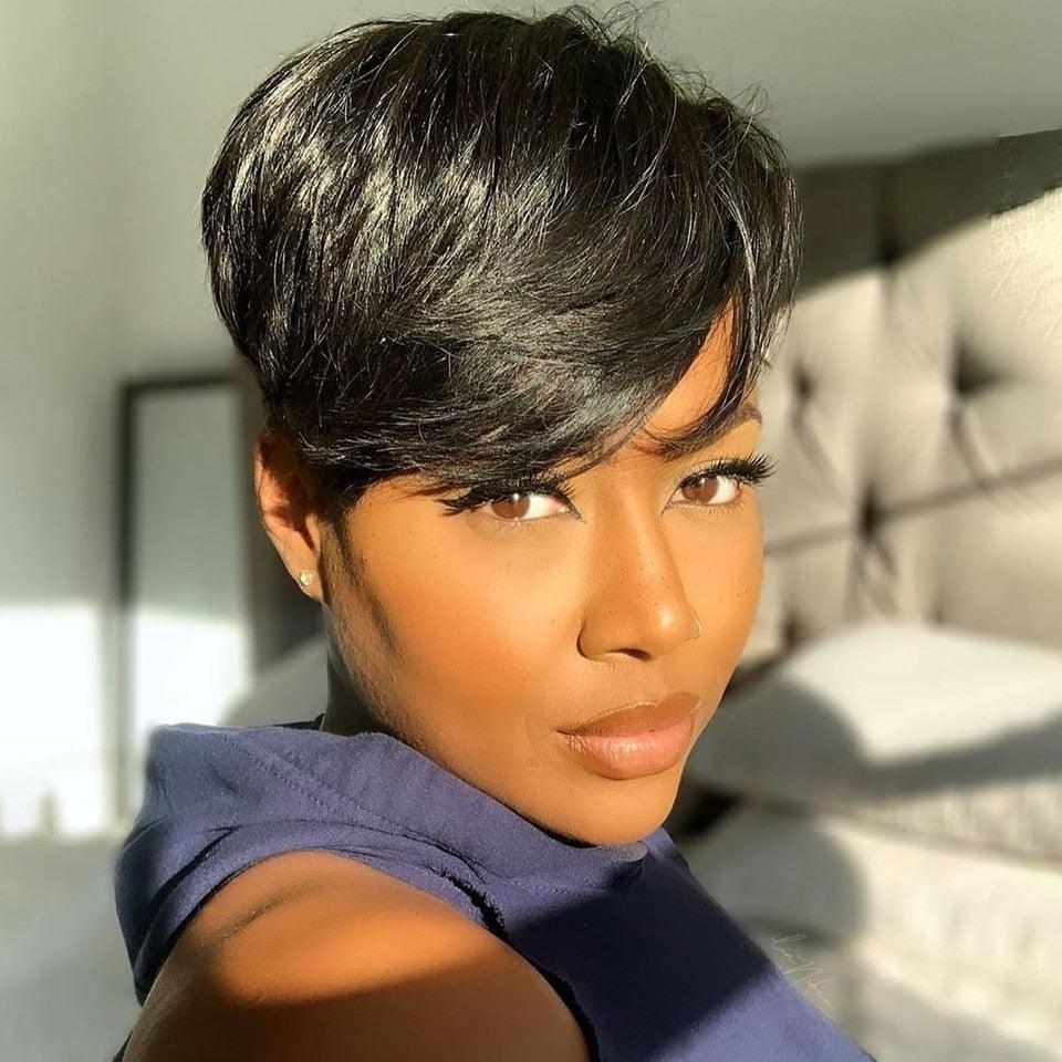 Natural Pixie Cut Bob Wig With Bangs | Brazilian Virgin Hair