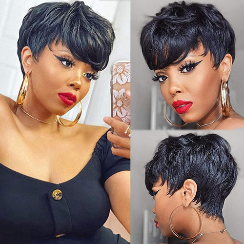Natural Pixie Cut Bob Wig With Bangs | Brazilian Virgin Hair