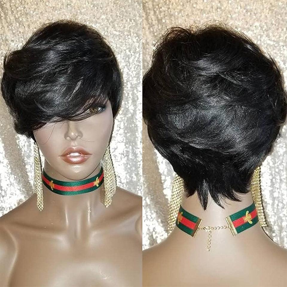 Natural Pixie Cut Bob Wig With Bangs | Brazilian Virgin Hair